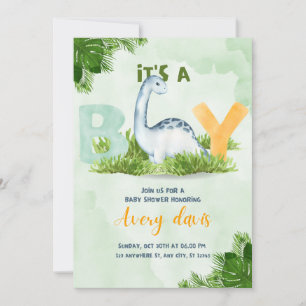 Cartão De Festividades chá de fraldas convite, é um dinossauro fofo.