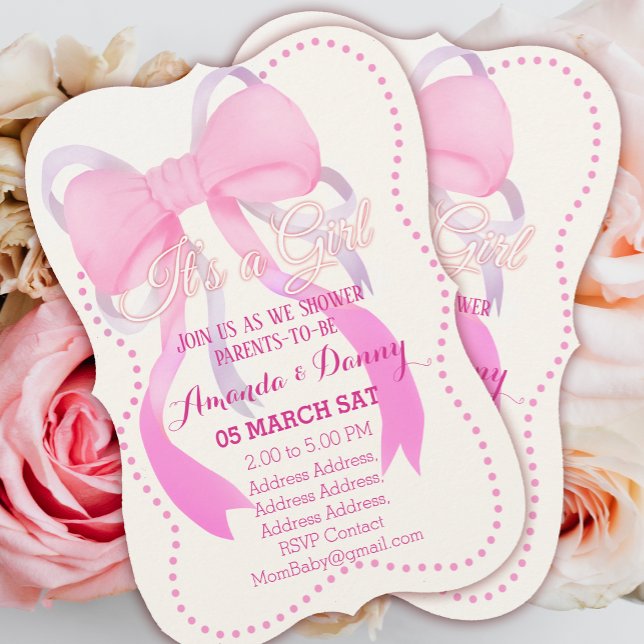Cartão De Festividades Chá de fraldas de Fita Rosa (Pink Ribbon Baby Shower Invitation Card.)