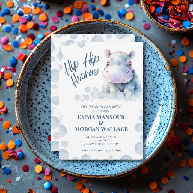 Cartão De Festividades Chá de fraldas Hippo Azul (Hippo Themed Baby Shower Invite)