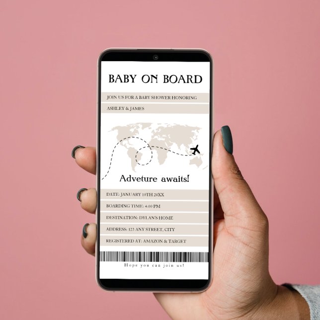 Cartão De Festividades Chá de fraldas Viagem do Mapa Mundial de Embarque (boarding pass baby shower invitation baby on board travel world map adventure begins)