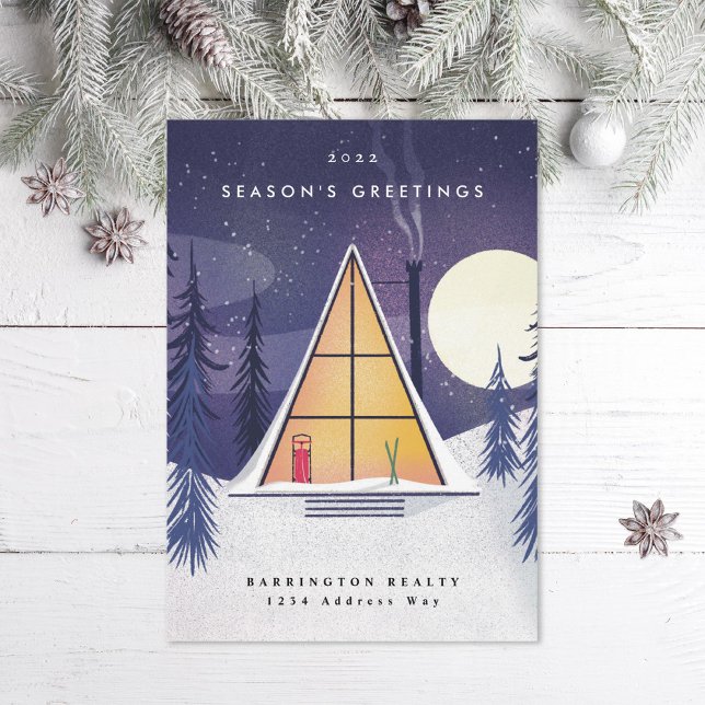 Cartão De Festividades Chalé de Esqui A Frame de Inverno Ilustrado (Criador carregado)