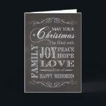 Cartão De Festividades Chalkboard - Natal cheio de alegria pela paz<br><div class="desc">Cartão de Natal de Quadro Trendy que diz: "Que seu Natal esteja cheio de alegria,  paz,  esperança,  família,  amor e muitas memórias felizes." Projetado por simplesmente colocado por robô; ornamentos superiores e inferiores por Free Photoshop Org.</div>