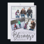 Cartão De Festividades Chalkboard nevando Bênçãos de Natal 3 fotos<br><div class="desc">Cartões de natal sazonais familiares três cartões de fotos enquadrados em um quadro de cinza escuro como fundo com neve caindo e script de tipografia "Bênçãos de Natal".     É fácil personalizar com suas fotos e assinatura!</div>