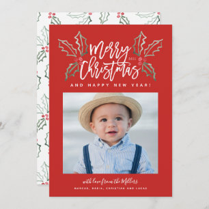 Cartão De Festividades Chalky Brusch Script Christmas Hollies Photo Red