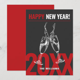 Cartão De Festividades Champagne moderno comemora ano novo feliz vermelho