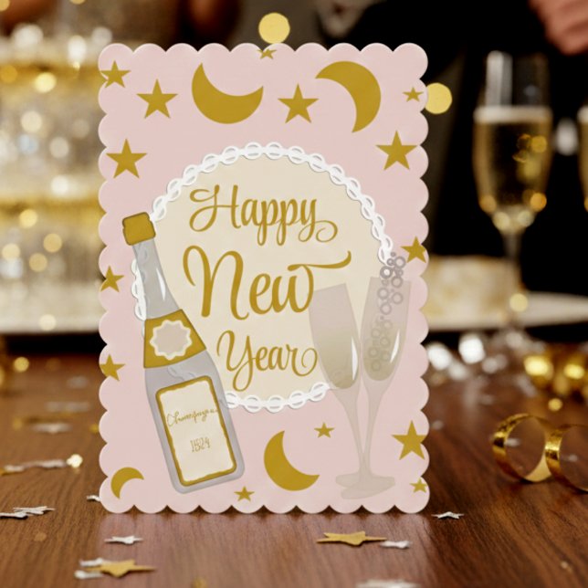 Cartão De Festividades Champange Pink And Gold New Years Card (Cute customizable in shades of pink, gold and silver that is just perfect for that special someone)