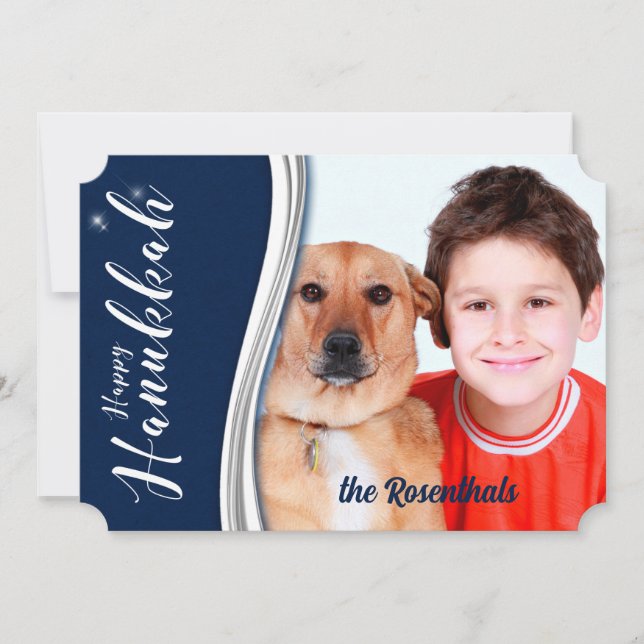 Cartão De Festividades Chanucá Azul e Branco com Fotografia e Nome (Frente)