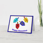 Cartão De Festividades Chanukah feliz Dreidels<br><div class="desc">Quatro Chanukah Dreidels em cores brilhantes com as palavras Chanukah feliz embaixo</div>