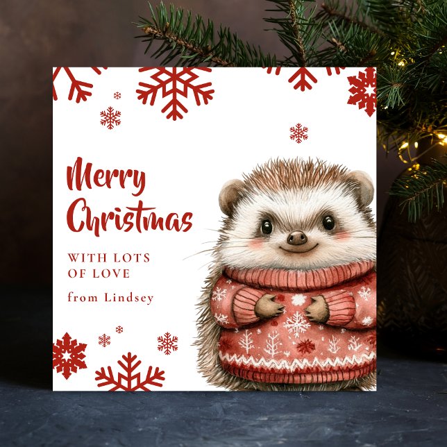 Cartão De Festividades Chapéu de Natal bonito com Sweater Cozy (Cute Christmas Hedgehog with Cozy Sweater Holiday Card)