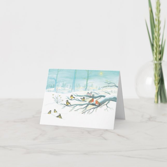 Cartão De Festividades Chapins, Papa-Robos & Floresta Invernal Nevada (Frente)