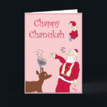 Cartão De Festividades Chappy Chanukah<br><div class="desc">Este cartão apresenta Papais noeis semelhantes a rabinos,  um elfo tocando dridela e a Rednose Reindeer com menorah em vez de chifres.  Sim,  bonito a típica família inter-religiosa.</div>