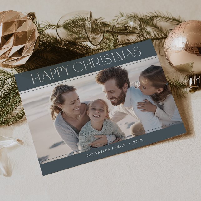 Cartão De Festividades CHARLIE Blue Modern Family Photo Happy Christmas (CHARLIE Blue Modern Family Photo Happy Christmas Holiday Card)
