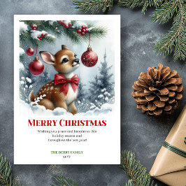Cartão De Festividades Charming Baby Deer Snowy Forest Watercolor Xmas