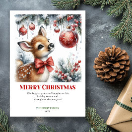 Cartão De Festividades Charming Baby Fawn Christmas Scene Watercolor Card