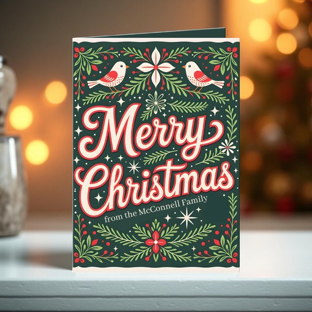 Cartão De Festividades Charming Folk Art Birds e Holly Berry Christmas (Criador carregado)