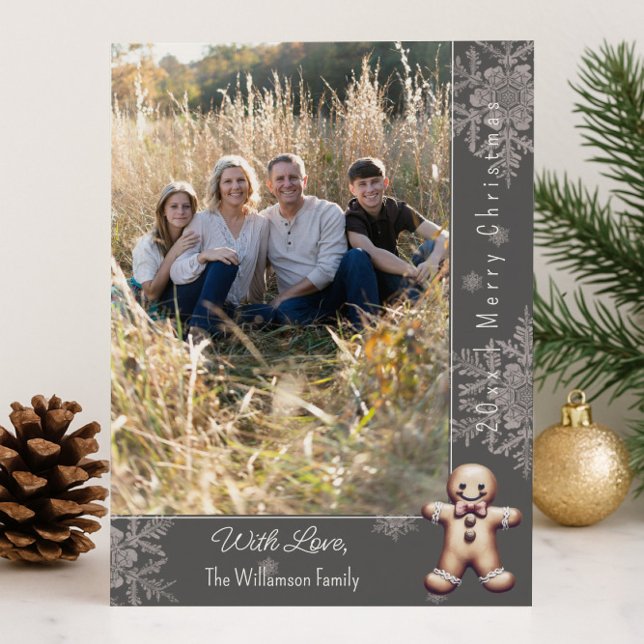 Cartão De Festividades Charming Gingerbread Man | Gray Photo Card (Gray Charming Gingerbread Man Holiday Photo Card)