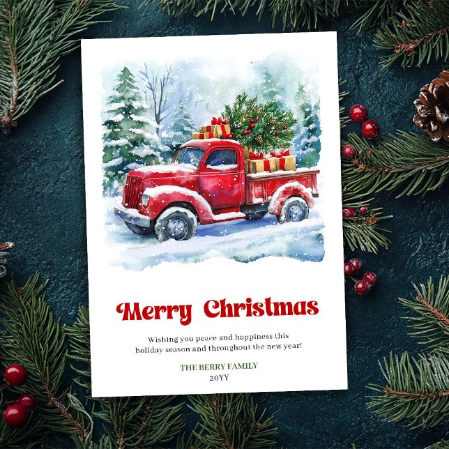 Cartão De Festividades Charming red truck christmas scene rustic card  (Charming red truck christmas scene rustic card design)