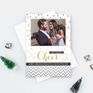Cartão De Festividades Cheer Silver e Dourada Foto de Casamento de Confet