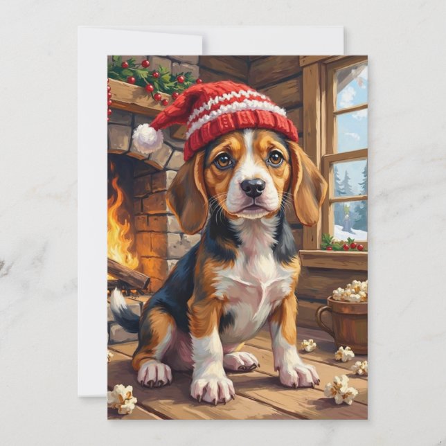 Cartão De Festividades Cheerful Beagle Puppy in Stocking Cap Cozy (Frente)