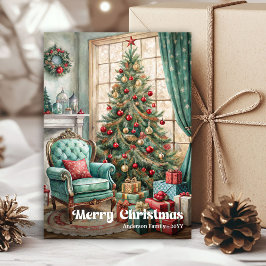 Cartão De Festividades Cheerful cozy Christmas interior rustic red green