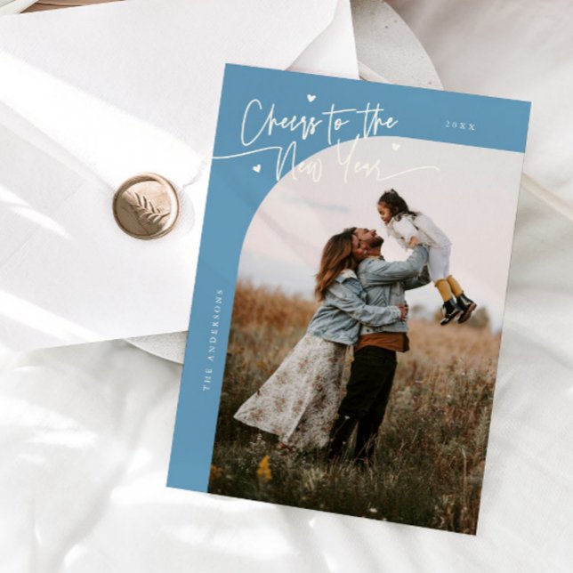 Cartão De Festividades Cheers New Year Denim Blue Curved Frame Photo (Criador carregado)