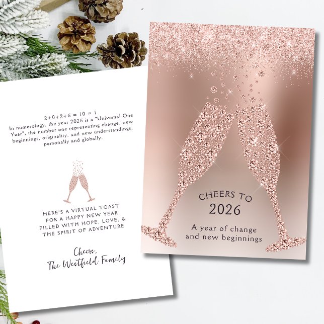 Cartão De Festividades Cheers to 2026 Year of Change New Year (Cheers to 2026 Year of Change Rose Gold New Year Holiday Flat Card)