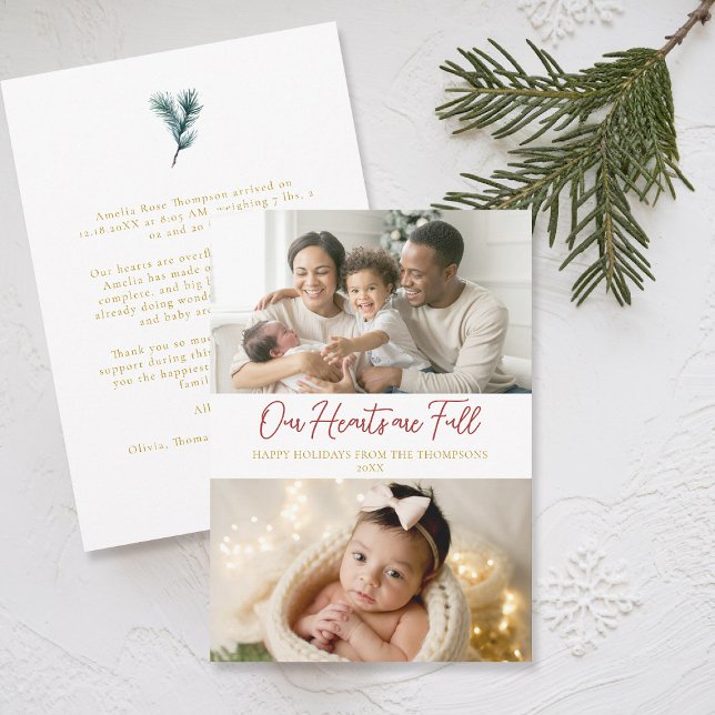 Cartão De Festividades Cheio de Natal Hearts Classic Family Baby 2 Photos (christmas family card baby announcement card modern calligraphy simple elegant 2 photos red gold)