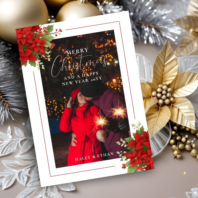 Cartão De Festividades Cherish Red Floral Christmas Poinsettias Bouquets  (Cherish Red Floral Christmas Poinsettias Bouquets Photo Frame Holiday Card. )