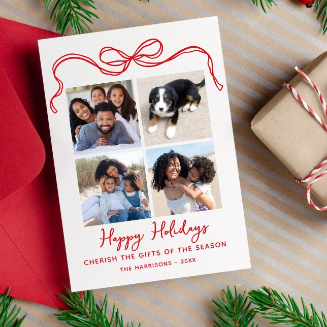 Cartão De Festividades Cherish The Gifts, Bow, 4 Photo Collage Happy (Criador carregado)