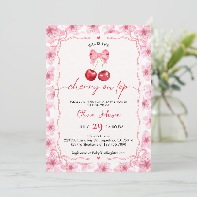 Cartão De Festividades Cherry On Top Baby Shower Invitation (Em pé/Frente)