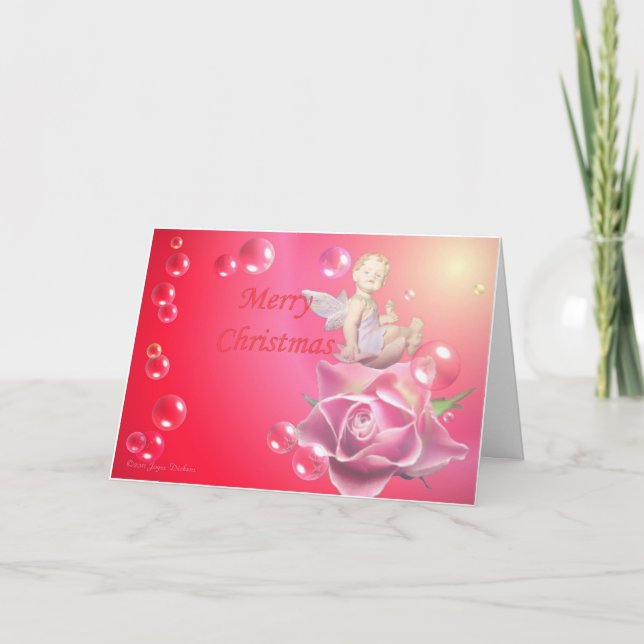 Cartão De Festividades Cherub Em Um Rosa Com Bolhas - Feliz Natal (Frente)
