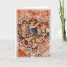 Cartão De Festividades Cherub vitoriano com coração e rendas