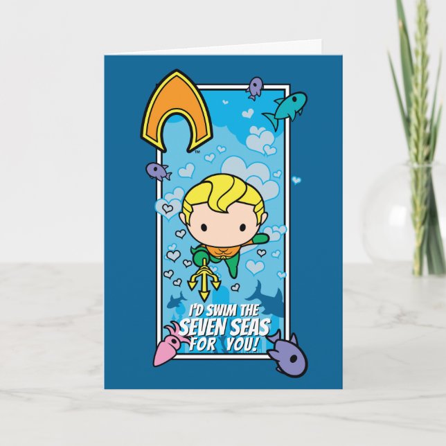 Cartão De Festividades Chibi Aquaman - Eu vou Natação os Sete Mares (Frente)