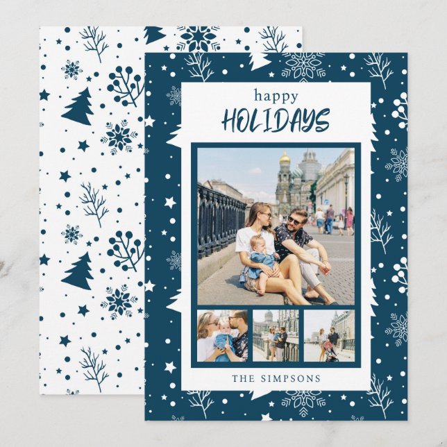 Cartão De Festividades Chic 4 Photo Collage Blue Happy Holidays Card (Frente/Verso)
