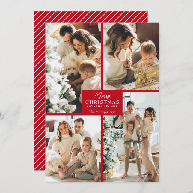 Cartão De Festividades Chic 4 Photo Collage Red Merry Christmas (Frente/Verso)