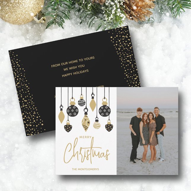 Cartão De Festividades Chic Black and Gold Christmas Tree Ornaments (Black and gold Christmas tree ornaments photo greeting cards, PRINTED and/or INSTANT DOWNLOAD)