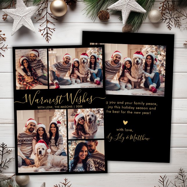 Cartão De Festividades Chic Black Dourado Warm Wish Script 5 Foto (Criador carregado)