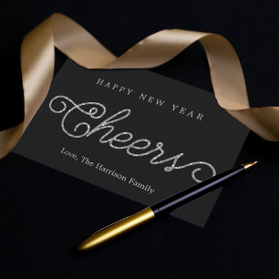 Cartão De Festividades Chic Black & Silver Glitter Cheers Happy New Year