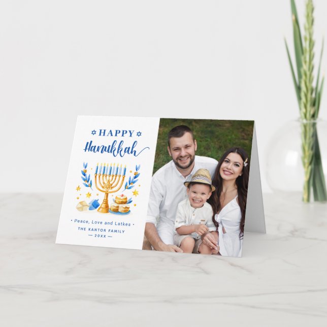 Cartão De Festividades Chic Blue Peace Love Latkes Feliz Foto de Hanukkah (Frente)