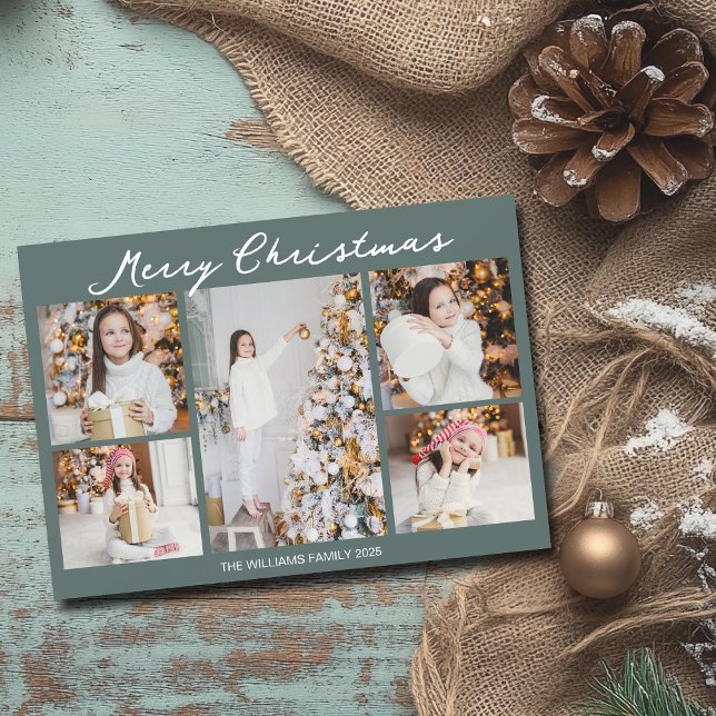 Cartão De Festividades Chic Christmas Family Photo Collage Grey Green (Criador carregado)