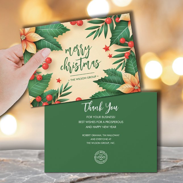 Cartão De Festividades Chic Christmas Poinsettias Business Logo (Chic Christmas poinsettias business logo flat holiday cards, PRINTED and/or INSTANT DOWNLOAD)