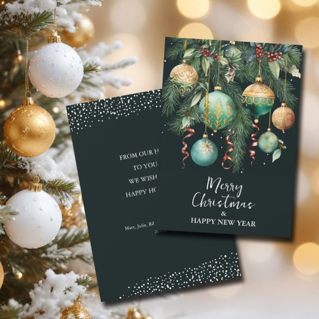 Cartão De Festividades Chic Christmas Tree Ornaments Flat (Chic green and gold Christmas tree ornaments flat holiday greeting cards)
