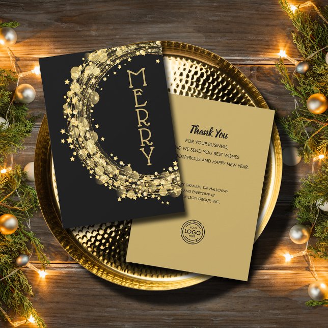 Cartão De Festividades Chic Dourado Stars Wreath Natal Business (Chic gold stars wreath Merry Christmas on black holiday cards with your logo on the back)