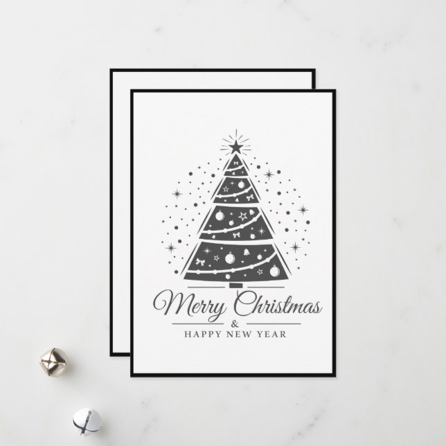 Cartão De Festividades Chic Elegant Black White Merry Christmas Tree      (Frente/Verso In Situ)
