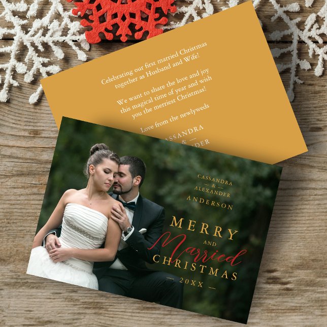 Cartão De Festividades Chic First Christmas Married In Red & Gold Photo (Chic First Christmas Married In Red & Faux Gold Photo Holiday Card with Envelope.)