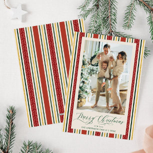 Cartão De Festividades Chic Grandmillennial Stripes Feliz Foto de Natal