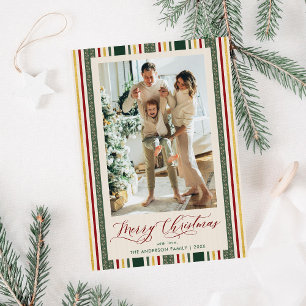 Cartão De Festividades Chic Grandmillennial Stripes Feliz Foto de Natal