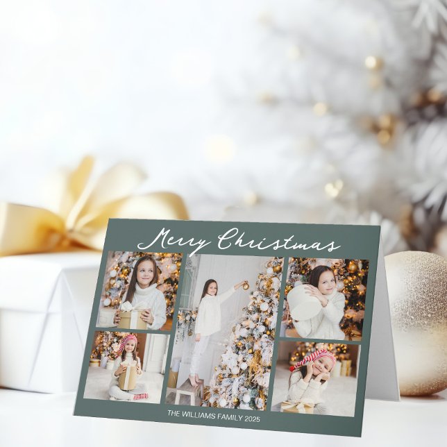 Cartão De Festividades Chic Grey Green Christmas Photo Collage Folded (Criador carregado)