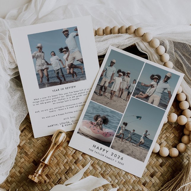 Cartão De Festividades Chic Happy 2025 Novo Ano Na Revisão 5 Foto (Chic Happy 2026 New Year In Review 5 Photo Holiday Card)