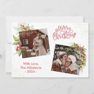 Cartão De Festividades Chic Holly Berries Feliz Natal 2 Feriado Fotográfi